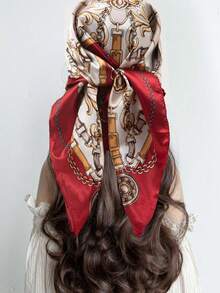 1pc Women Fashion Chain & Rope Print 90cm Square Scarf, Versatile Printed Bandana Shawl, Spring & Autumn - Burgundy - View 1