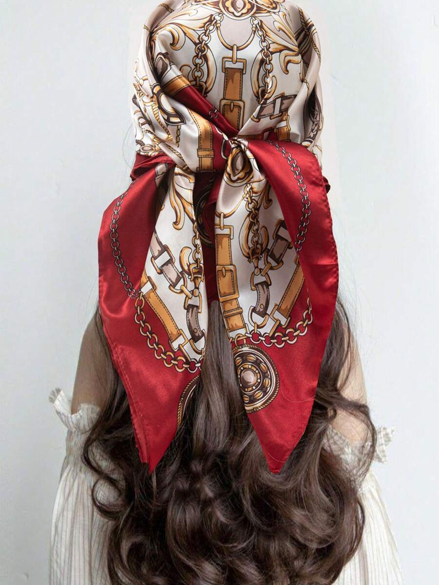 1pc Women Fashion Chain & Rope Print 90cm Square Scarf, Versatile Printed Bandana Shawl, Spring & Autumn - Burgundy - View 1
