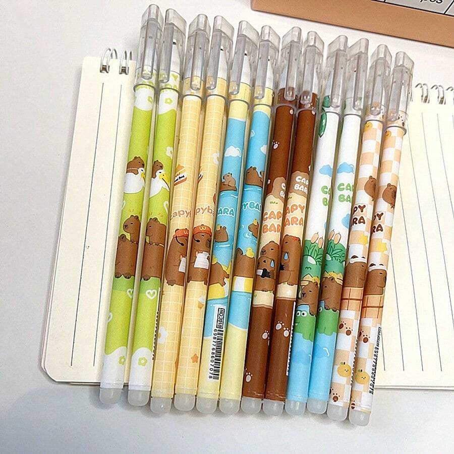 12/6/3 Stück Capybara Cartoon löschbare Gelschreiber, löschbare Kugelschreiber, Studentenbedarf, Schul- und Büromaterial, Prüfungsstifte, Markierstifte, unerlässliche Schulmaterialien für den Schulanfang