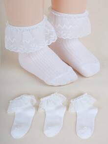 3 Pairs Fashion Lace Trim Mesh Breathable Socks, Versatile, Elegant Princess Style Socks For Girls And Toddlers, Suitable For All Seasons - White - View 10
