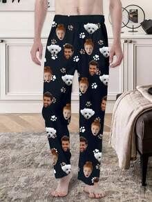 Customizable Men's Pajamas , Personalized Photo & Face Design, Fun Blue Pajamas With Paw Prints & Faces, Comfortable Polyester-Spandex Blend, Suitable For Christmas & Loungewear, Cozy & Amusing Men's Lounge Pants, Best Holiday Gift For Christmas, Anniversary, Birthday Etc., Casual Knit Pajamas, 95% Polyester & 5% Spandex, Regular Fit, Suitable For All Seasons, 160g/M², Fall & Winter - Multicolor - View 2