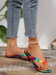 Vibrant, Flip-Flops With Abstract Fluid And Rainbow Patterns Composed Of Colorful Lines And Blocks, Presenting A Lively, Free, And Artistic Visual Effect. Comfortable And Fashionable Flat Slides For Casual Wear And Indoor Use - Multicolor - View 7