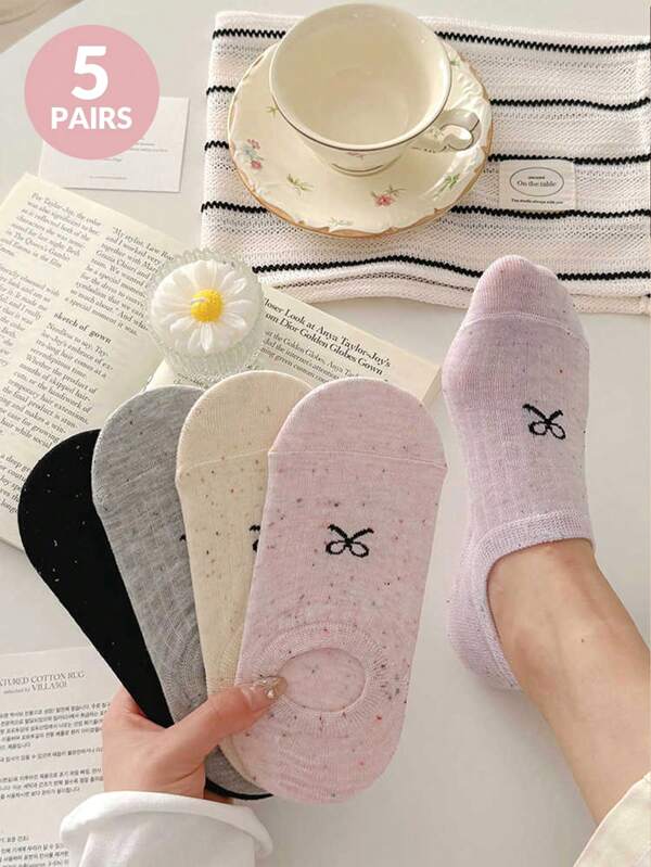 5 Pairs Women's Ankle Socks, Dot Yarn Bow Invisible Socks, Suitable For Spring&Summer