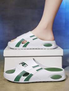 2025新款夏季男士踩脚拖鞋，学生时尚一体式EVA室内外防滑耐用拖鞋，静音防臭浴室拖鞋，适合居家、度假、驾驶 - 白綠 - 查看 4