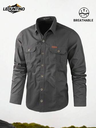 LEDUNTINO [Primavera/Verano] Camisa casual con botones de moda para hombre para uso al aire libre, color verde sólido, deportiva, con bolsillos, regalo para novio, camisa de manga larga para hombre para primavera y otoño, multicolor, con doble bolsillo, camisa con solapa para ropa de primavera y otoño