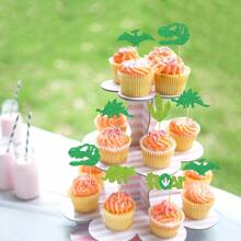 12/24Pcs Dinosaur Cupcake Toppers Green Glitter Roar Dinosaur Cupcake Toppers For Dinosaur Theme BB Shower Birthday Party Cake Decorations Supplies