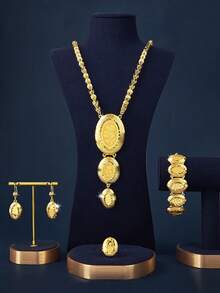 Mgyi 金色铜时尚高端奢华复古女士珠宝套装，18K 镀金优雅奢华方形设计项链、耳环、手链、戒指，适合尼日利亚、迪拜、中东、沙特阿拉伯新娘婚礼、日常佩戴、结婚周年纪念礼物、万圣节送给朋友的礼物 - 金色 - 查看 2