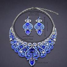 3 件套奢华新娘首饰套装：项链、耳环，适合婚礼、宴会、正式场合 - 藍色 - 查看 3