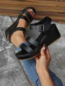 Women's Strap Buckle Decor Round Toe Thick Platform Wedge Sandals, Fashionable And Casual - Black - View 2