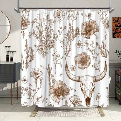 1pc Vintage Botanical & Animal Motif Shower Curtain - Rustic Skull, Brown Sepia Tones, Wild Roses & Poppies Design, Waterproof Polyester With 12 Hooks, 70x70 Inches, Perfect For Nature-Inspired Bathrooms, Waterproof Curtain | Rustic Bathroom Accessory | Sepia Tone Curtain, Shower Curtain Sets For Bathrooms Home Bathroom Decor Fall Decor Bathroom Accessories Back To School