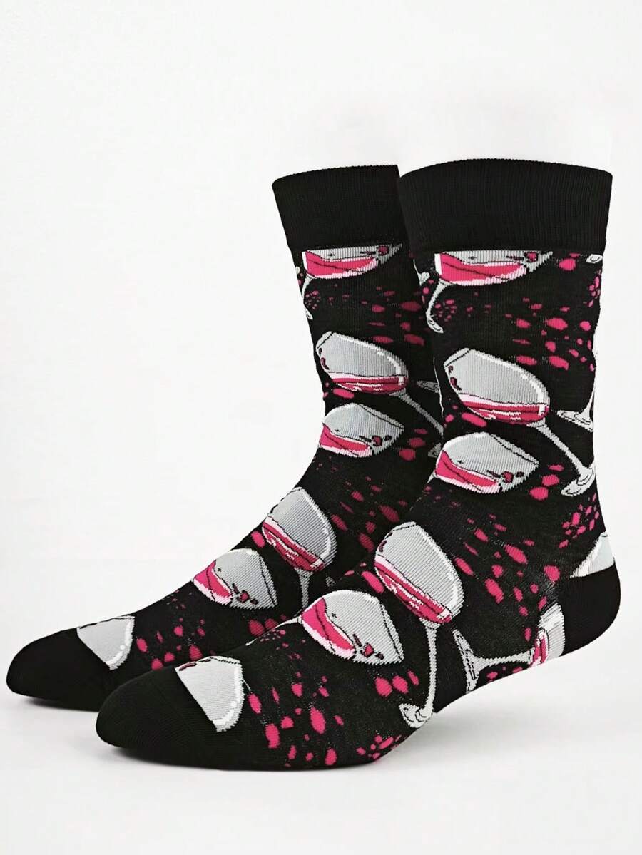 1 Pair Unisex Wine Cup Printed Mid-Calf Socks, Fashion Versatile Couple Socks, Vibrant Colors Suitable For Outdoor Sports Year-Round - Multicolor - View 1