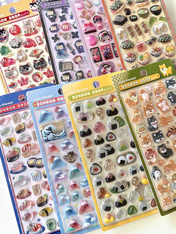 Japanese Cartoon Food Embossed Fun Stickers, Children Decoration Crystal Diamond 3D Stickers