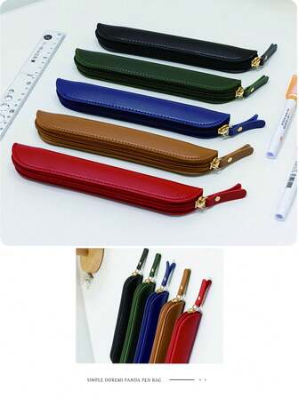 1 件时尚简约皮革铅笔盒，精选柔软皮革材质，防刮，复古学生文具袋多功能拉链铅笔收纳袋，返校，学校用品