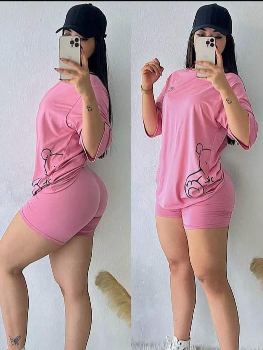 Conjunto de 2 piezas comodo camiseta amplia estampada y short ajustado - Rosa - Ver 1