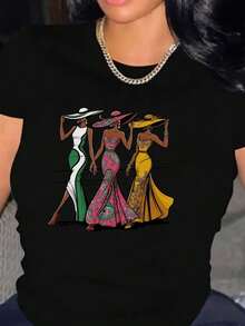 Girls' Graphic Print Crew Neck T-Shirt – Casual Short Sleeve Tee for Spring & Summer, Comfortable Fit for Women - Negro - Ver 2