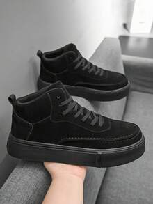 Men's Retro Classic Black High Top Flat Casual Sneakers, Comfortable Stylish High Street Fashion Skateboard Shoes - Black - View 6