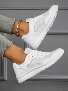 New Thick-Soled Fully Black Chunky Sneakers, Women's Mesh Breathable Versatile Casual Shoes, Fashionable Comfortable Walking Shoes, Soft Cushioned Anti-Slip Anti-Odor Running Shoes, Durable - White Powder - View 2