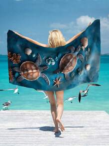 1pc Deep Sea Coral Turtle Pattern Beach Towel, Colorful Deer, Patterned With Colorful Hat Dog, Tropical Sunset Palm Tree Surfboard, Creating A Dreamy Ambiance, Tropical Coastal Scenery, Suitable For Swimming Pool, Bathing, Travel And Camping Beach Essentials