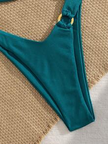 女士纯色金属环可拆卸肩带两件套比基尼套装，夏季