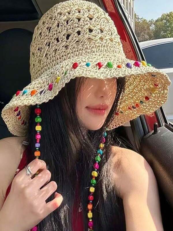 1 Stück Handgemachter Perlen Sonnenschutz Strohhut, bunter Perlen Fischerhut für Frauen, Strohhut mit breiter Krempe für Strand und Sonne, Sonnenhut zum Aufklappen und Zusammenrollen für den Sommer, Floppy Strandhat für Frauen