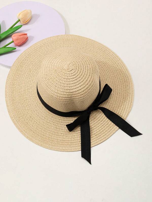 1pc Girls Black Ribbon Bow Decor Flat Brim Straw Hat, Minimalist Fashion Sun Hat, Suitable For Summer Outdoor, Beach Holiday, Sun Protection, Dopamine Outfits, Parent-Child Matching, Wedding Season