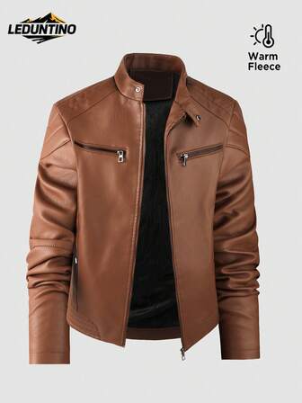LEDUNTINO Men Fashion Zip Up Casual Outdoor Thick Fleece Leather Jacket, Sports, Solid, Bomber, Street ,Boyfriend Gift, Men's Winter Fall Jacket Tops, Stand Collar, Biker, Windproof, Windbreaker, Leather Jacket Spring Autumn Coat Men