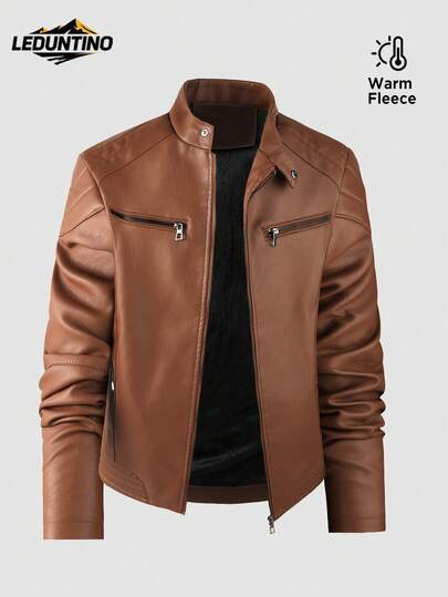 LEDUNTINO Men Fashion Zip Up Casual Outdoor Thick Fleece Leather Jacket, Sports, Solid, Bomber, Street ,Boyfriend Gift, Men's Winter Fall Jacket Tops, Stand Collar, Biker, Windproof, Windbreaker, Leather Jacket Spring Autumn Coat Men
