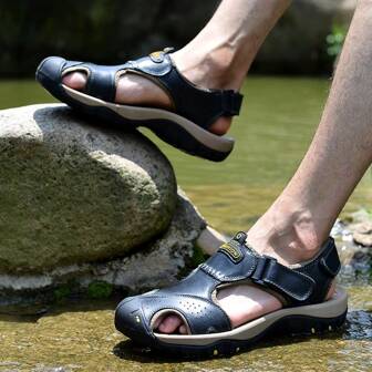 1 Pair Men's Outdoor Sports Slide Sandals, Closed Toe Casual Shoes, Summer Breathable Beach Slippers, 2025 New Model, Anti-Slip Soft Bottom Work Shoes