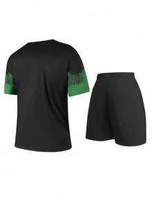 2 件男士休闲 T 恤和短裤套装，宽松时尚街头服饰，夏季 - 黑色 - 查看 3