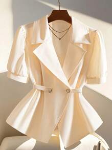 Women Short Sleeve Solid Color Blazer Jacket, Fashionable For Summer