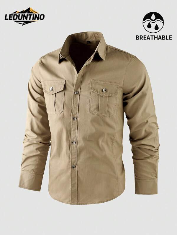 LEDUNTINO [Spring/Summer] Men's Fashion Button Casual Outdoor Shirt, Solid Green, Sports, Cargo, Boyfriend Gift, Men's Long Sleeve Spring Autumn Shirt, Pocket, Lapel Shirt Spring Fall Tops