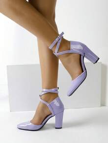 Timesize Sapatos de Salto Alto com Cadarço Roxo para Outono/Inverno, Sapatos de Salto Grosso Tipo Mary Jane Roxo Raso para Primavera/Verão, Sapatos de Noiva Formais, Saltos Extra Altos, Sapatos de Trabalho para Mulheres, Elegantes, para Festa