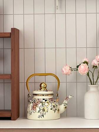 1 stuk elegante retro geëmailleerde theepot met herfstbloemen en esdoornbladeren, geschikt voor fornuis of inductiekookplaat, zeer esthetische porseleinen waterkoker voor het thuis zetten van thee