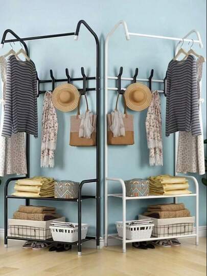 Perchero de pie y estante para zapatos, diseño minimalista y ahorrador de espacio para dormitorio y sala de estar, montaje sencillo y construcción resistente ideal para entradas, dormitorios, apartamentos u oficinas en el hogar, organizador versátil para abrigos, sombreros, bolsos y zapatos, crea un aspecto limpio y moderno con líneas nítidas, se adapta a espacios compactos, rincones, armarios, pasillos y estudios pequeños, mejorando la organización diaria y el atractivo estético.