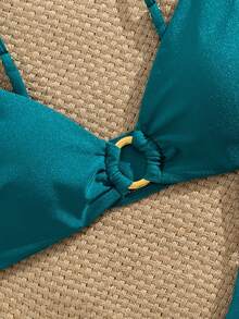 女士纯色金属环可拆卸肩带两件套比基尼套装，夏季