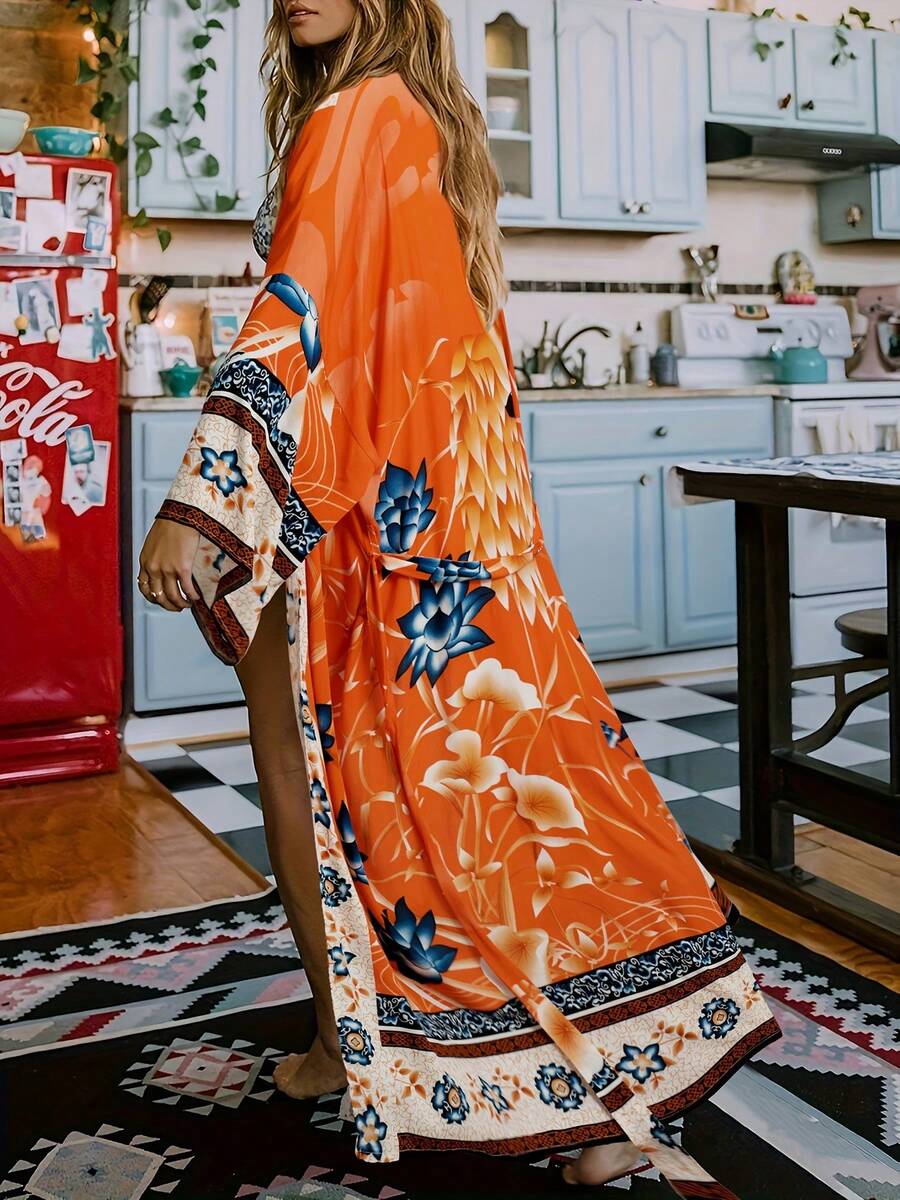 1 Piece Of Flower-Printed Elegant Fabric Belted Ladies' Home Robe, Suitable For Wearing On The Beach And At Home, Suitable For All Seasons. - 橘色 - 查看 1