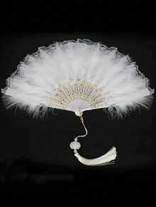 1 pieza Abanico de plumas vintage, abanico plegable retro de los años 20 para disfraces, actuaciones de baile, fiestas de té, bodas, decoración - Blanco - Ver 3