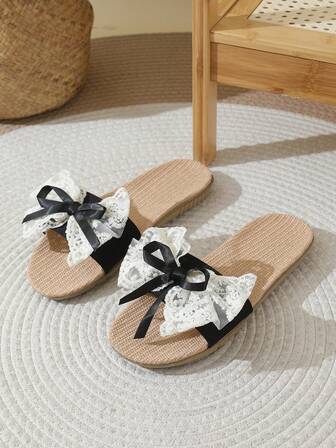 Linen Slippers For Women & Couples, Indoor & Outdoor Wear, Non-Slip Breathable Casual Flats With Lace Bow, Suitable For Spring, Summer, Autumn
