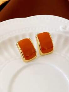 1 Pair European & American Classic Versatile Droplet Square Geometric Earrings, Retro Fashion Hong Kong Style Minimalist Design Statement Earrings - Orange - View 4