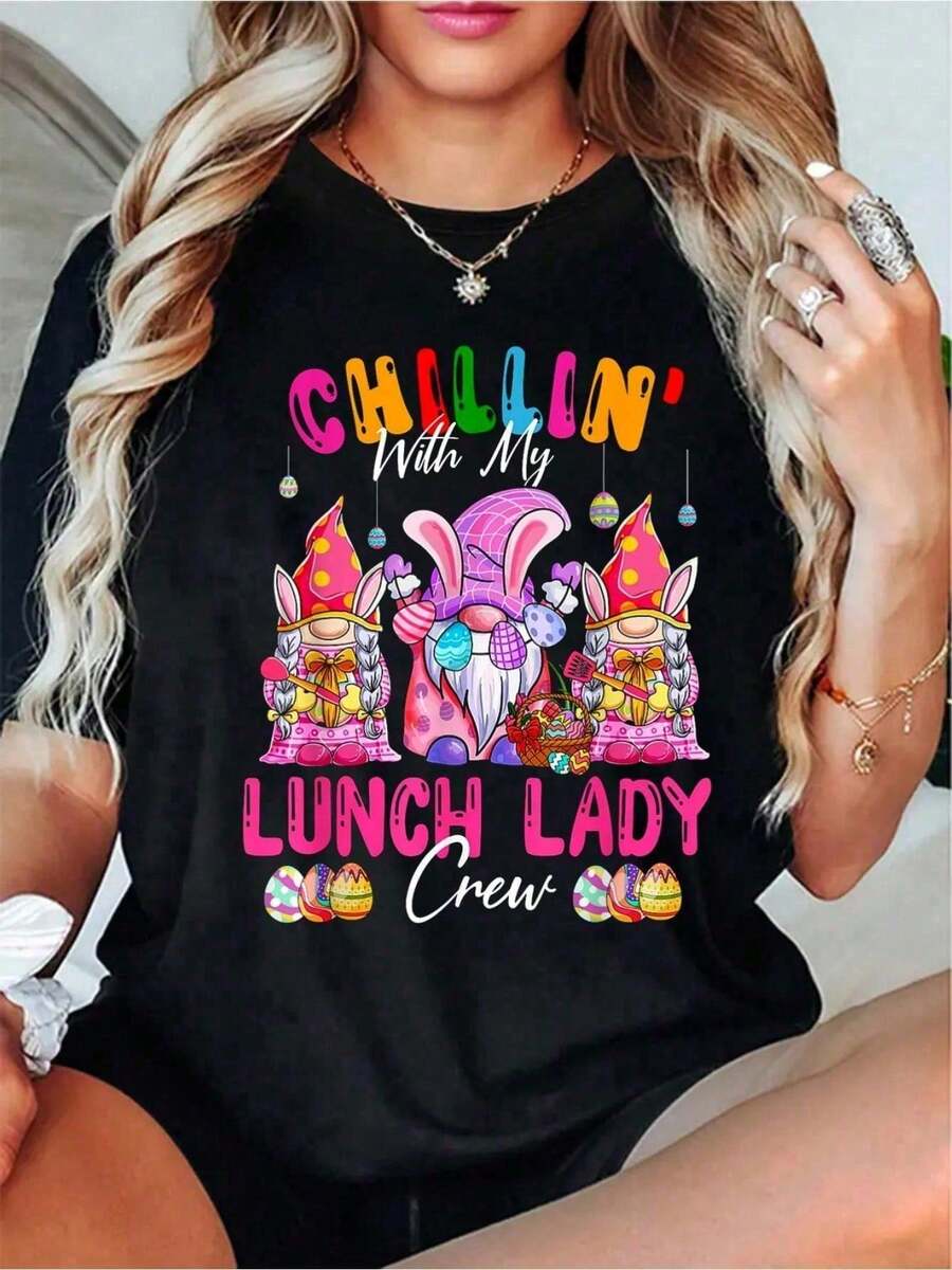 Chillin' With My Lunch  Funny Crew Easter Three Gnomes T-Shirt Casual Short Sleeve Crew Neck T-Shirt For Spring & Summer-Unisex T-Shirt,Abstract Art Print T-Shirts - Black - View 1