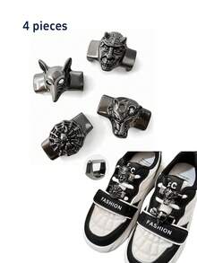 4 件朋克金属动物头鞋带饰物，鞋配件，男士朋克风格皮绳手链配件 - 黑色 - 查看 1