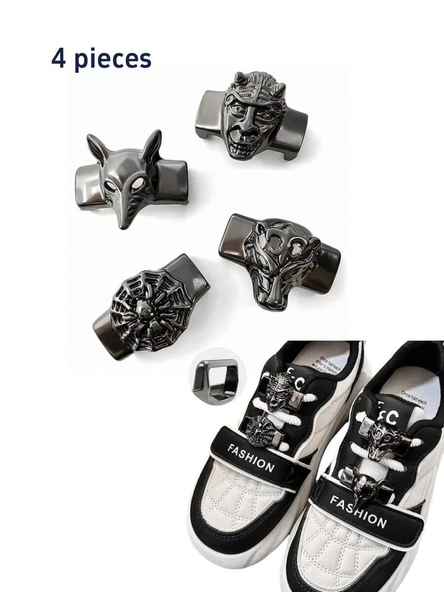 4 件朋克金属动物头鞋带饰物，鞋配件，男士朋克风格皮绳手链配件 - 黑色 - 查看 1