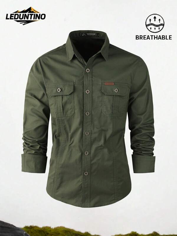 LEDUNTINO [Primavera/Verão] Camisa Casual com Botões de Moda Masculina para Uso Externo, Verde Sólido, Esportes, Cargo, Presente para Namorado, Camisa de Manga Longa Masculina para Primavera/Outono, Multicolorida, Com Dois Bolsos, Camisa com Lapela de Primavera/Outono para Homens