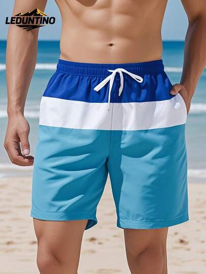 LEDUNTINO [Spring/Summer] Men's Casual Color Block Swimming/Running/Sports/Surfing Drawstring Shorts For Summer Beach Vacation