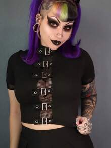 Plus Size Gothic Mesh Sweater 2025 - Women's Black Punk Top With Belt Buckle Detail & Lace-Up Corset Style (0X-5X)