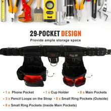 Tool Belt With Suspenders 1680D Polyester, 29 Pockets, 29-54 Inches Adjustable Waist Size, Tool Belts For Men, Heavy Duty Carpenter Tool Pouch For Carpenters, Electricians, And Gardening, Black - Black - View 6