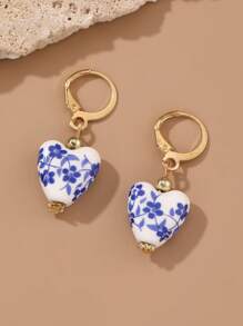 1 Pair Vintage Handpainted Blue And White Porcelain Beaded Earrings, Elegant Dangle Earrings For Women