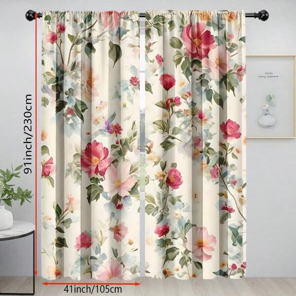 2pcs Spring Watercolor Curtains, Poppies, Roses, And Leaves Abstract Floral Print, Semi-Sheer Polyester, Rod Pocket, For Kitchen Or Living Room Decoration, Light Filtering Curtains | Abstract Floral Design | Floral Pattern Curtains, Curtains For Living Room