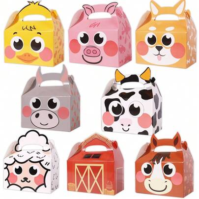 Caja de 16 piezas/1 Cajas de regalo con temática de animales de granja, cajas de regalo con dulces para fiestas con temática rústica para baby shower, cumpleaños y decoración del día de San Valentín, 8 diseños