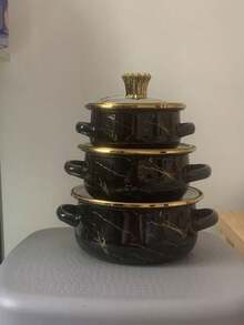 3件套搪瓷涂层炊具套装，包括12厘米、14厘米、16厘米双耳奶锅、搪瓷碗、迷你锅、加厚搪瓷汤锅，适用于电磁炉和燃气灶少量烹饪和食物储存。